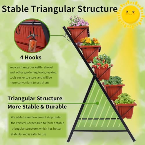 Homdox 3.74FT Vertical Garden Bed, 5 Tiers Raised Garden Planter, 23 * 26 * 45Inch Outdoor Stand with 4 Hooks for Vegetable Flower, Patio Yard, Brown - Image 4