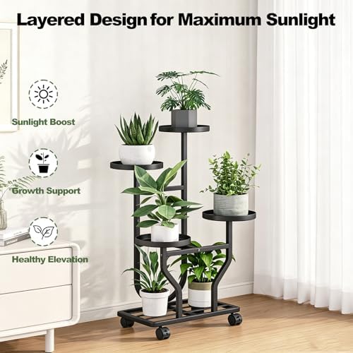 Plant Stand with Wheels, Black 4 Tier Metal Plant Shelf for Indoor Outdoor - Image 5