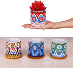 4 Pcs Colorful Mini Ceramic Cylinder Succulent Plant Pots with Bamboo Trays, Thumb Flower Pots for Small Plants and Decorative Objects - Colorful Mandala Styles - Image 3