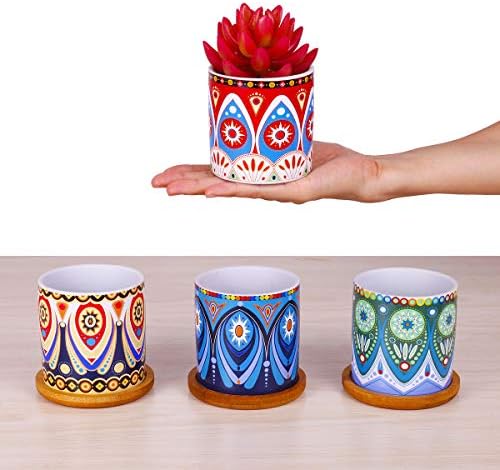 4 Pcs Colorful Mini Ceramic Cylinder Succulent Plant Pots with Bamboo Trays, Thumb Flower Pots for Small Plants and Decorative Objects - Colorful Mandala Styles - Image 3
