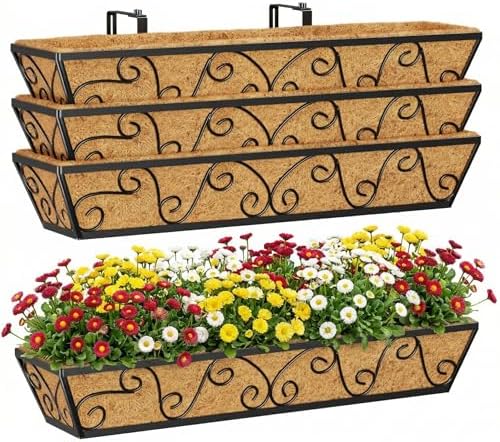 Y&M 30 Inch Window Deck with Coco Liner, Fence Metal Hanging Flower Planter Window Basket Deck Railing Planter Boxes for Outdoor Garden Lawn-Butterfly, 4pcs by YM