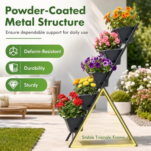 GIANTEX 5 Tier Vertical Planter Set of 2, Raised Garden Bed with Drainage Holes & Removable Trays, Metal Frame Elevated Planter Boxes for Herbs Vegetables Flowers, Indoor Outdoor Patio Balcony - Image 4