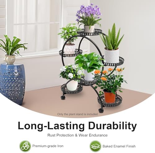 Metal Plant Stands 6 Pots Plants Flower Holder 4 Tier Display Shelf Rack with Wheels for Patio Garden Yard Home Decor Indoor And Outdoor, Round Black - Image 3