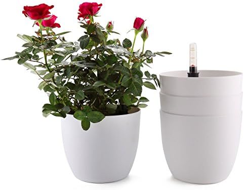 T4U 7 Inch Plastic Self Watering Planter with Water Level Indicator White Set of 4, Modern Decorative Planter Pot for All House Plants, Flowers, Herbs, African Violets, Succulents by T4U