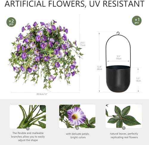 Artificial Flowers Artificial Petunias for Outdoors 2PCS Artificial Hanging Plants Outdoors Silk Flowers with Stems Outdoor Flowers Uv Resistant for Porch Decor Terrace Decor（Purple with Pot） - Image 2