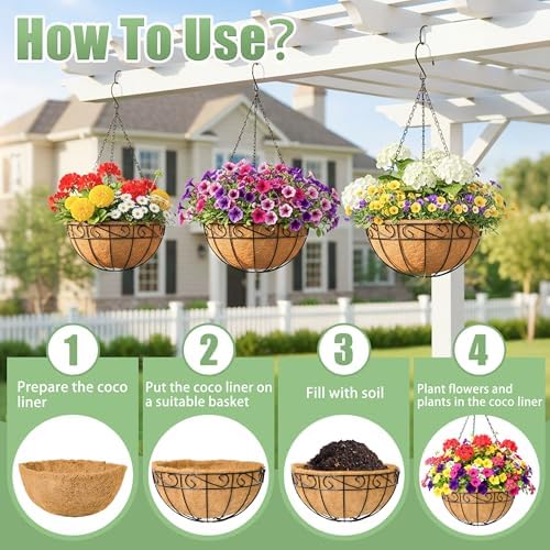 4 Pack 12 Inch Hanging Baskets for Plants Outdoor Metal Hanging Planters Round Hanging Flower Pots with Coco Coir Liner Plant Holder for Outdoor Patio Garden Balcony Decor - Flower Border - Image 6