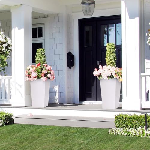 2 Pack Self Watering Tall Planters for Outdoor Indoor Plants, 22.5 Inch Large Square Taper Flower Pot with Water Level Indicator & Drainage Holes, Modern Plastic Patio Porch Front Door Planters, White - Image 5