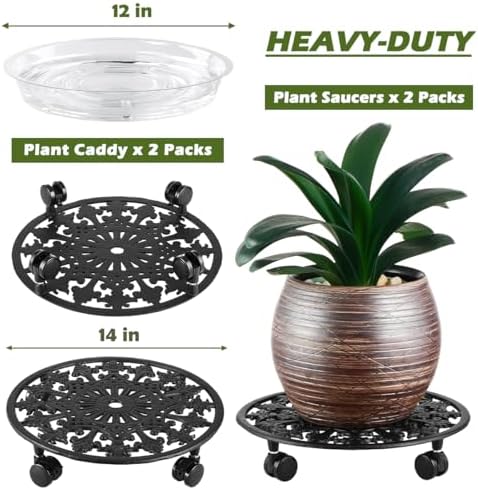 2 Pack Plant Caddy with Wheels, PlanterHoma 14 Inch Metal Plant Stand with Wheels Heavy Duty Wrought Iron Planter Dolly Rolling Stand Plant Roller with Casters for Indoor and Outdoor with 2 Pack Saucers - Image 3