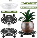 2 Pack Plant Caddy with Wheels, PlanterHoma 14 Inch Metal Plant Stand with Wheels Heavy Duty Wrought Iron Planter Dolly Rolling Stand Plant Roller with Casters for Indoor and Outdoor with 2 Pack Saucers - Image 3