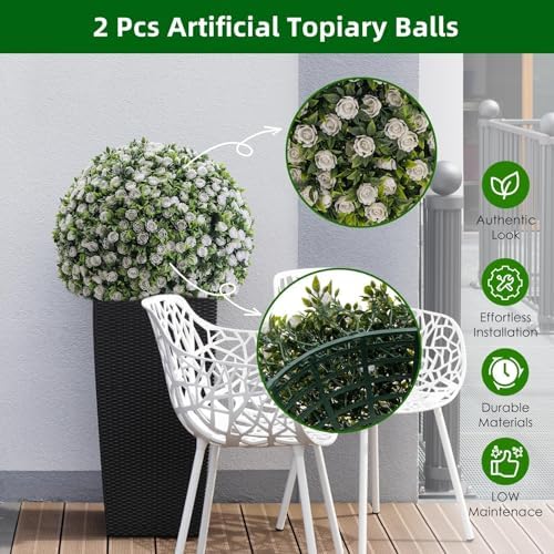 21.6 Inch Artificial Hanging Topiary Balls Set of 2, Faux Flower Balls for Garden Patio Wedding Valentine's Day Decor, Outdoor Indoor Hanging Decorations for Porch Front Door Party, White - Image 2