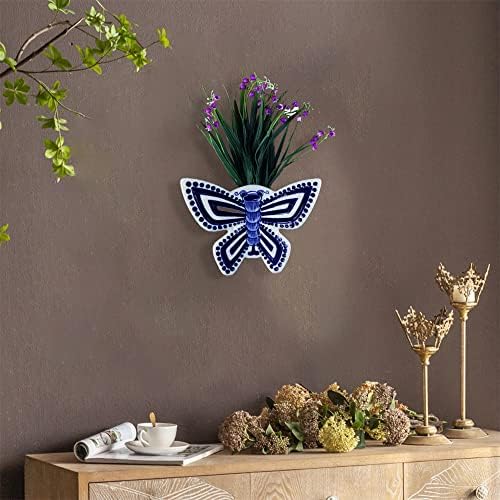 Blue & White Porcelain Wall Vase,Butterfly Shape Hydroponic Vase Wall Planter for Indoor, Outdoor (B) - Image 4