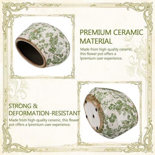 9.8 Inch Large Vintage Ceramic Planter Ice Crack Glaze Green Chrysanthemum Floral Flower Pot with Drainage Rustic Decorative Plant Pots Gifts for Home Kitchen Office Indoor Outdoor Plants - Image 2