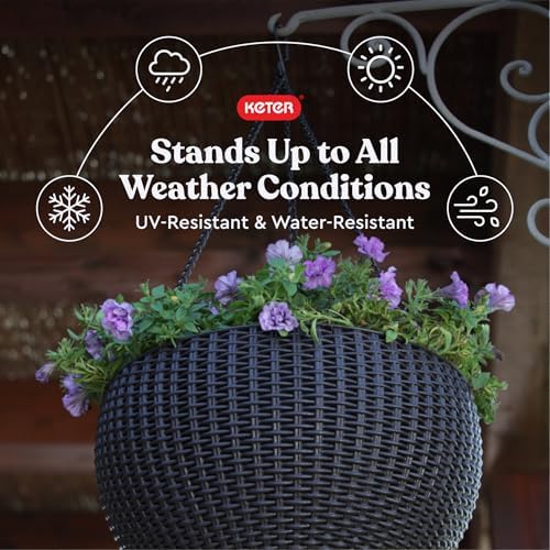Keter Resin Rattan Set of 2 Round Hanging Planter Baskets for Indoor and Outdoor Plants-Perfect for Porches and Patio Decor, Graphite - Image 3