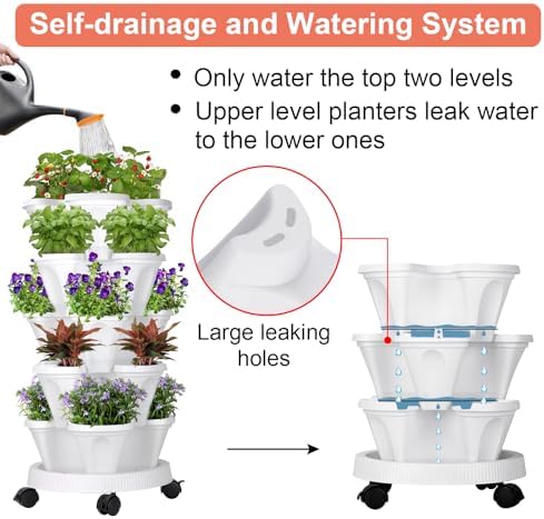 GameXcel Vertical Planter Tower - 5 Tier Stackable Garden Planters with Wheels and Tools Plant Pots for Strawberry Herb Flower and Vegetable Indoor Outdoor Use White - Image 3