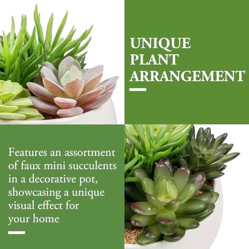 MyGift 6 Inch Round Modern Artificial Succulent Arrangement Potted in White Ceramic Plant Bowl, Assorted Faux Mini Succulents in a Decorative Planter Pot - Image 5