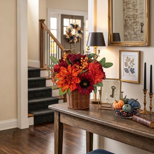 Hollyone 13.8" Hydrangea Fall Flowers Arrangement in Baskets Outdoor Indoor Fake Hydrangea Sunflowers Artificial Flower in Woven Baskets Fall Decor Red Orange Faux Plants Autumn Decorations for Home - Image 4