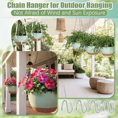 Sliner Set of 4-12 Inch Self Watering Hanging Planters Includes Hanging Pots and Outdoor Hanger Plant Pots with Drainage Holes 2 Types of Hanger Basket Hooks for Patio Garden(Green Brown) - Image 5
