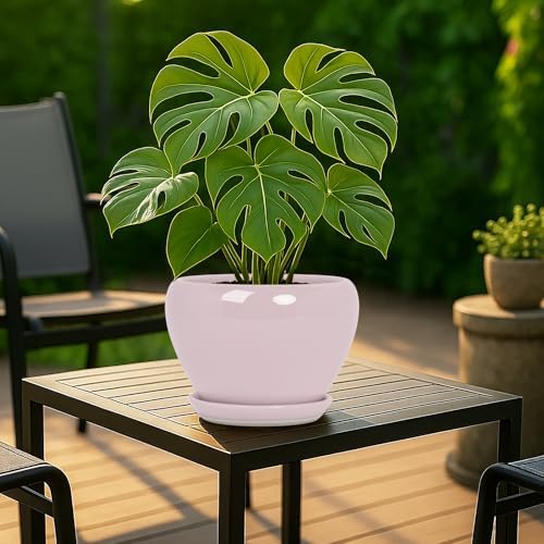 Deep Dream 8 Inch Plant Pots- Ceramic Pots for Plants with Drainage Hole and Saucer, Large Planter Pot for Indoor Plants Outdoor Decor, Pink - Image 3