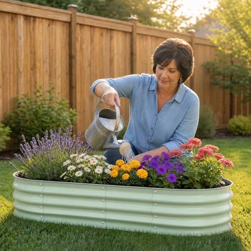 Galvanized Raised Garden Bed, Outdoor Metal Oval Planter Box for Vegetables Flowers Herb & Fruit Easy Assembly Patio Kit for Gardening Plants Green 4x2x1ft 2pcs - Image 6