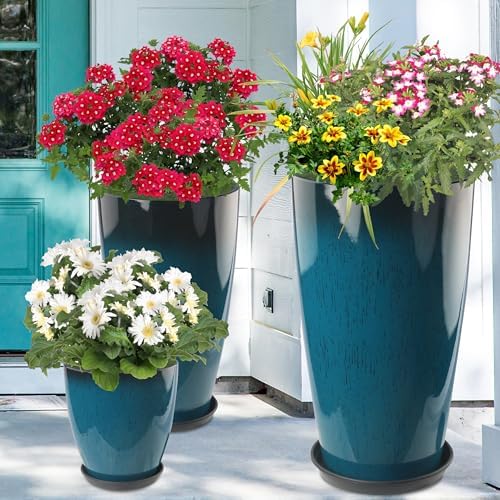 24-21-11 Inch Tall Planters for Outdoor Plants Set of 3 Blue - Image 2