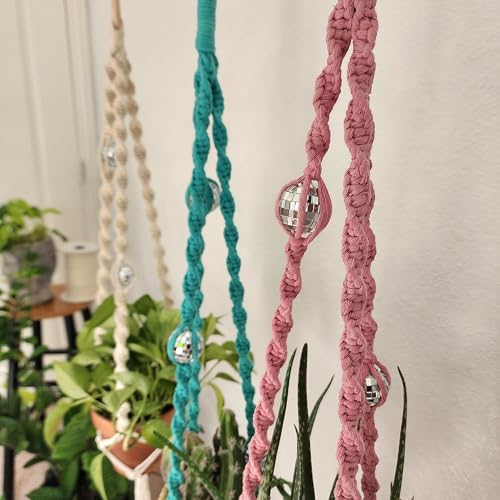 Handmade Macrame Disco Ball Plant Hanger, Retro Planter Holder for Home Décor, Boho Gift for Plant Moms, Cotton Plant Accessory that dazzles (Champagne Pink) - Image 3