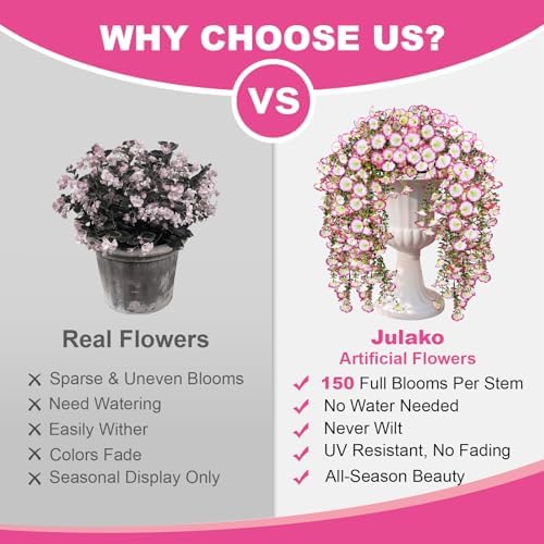 Artificial Hanging Flowers for Outdoors, 4 PCS 600 Blooms UV Resistant Morning Glory Faux Silk Vines, No-Odor Realistic Fake Plants for Garden Planter Porch Patio Decoration, Pink - Image 4