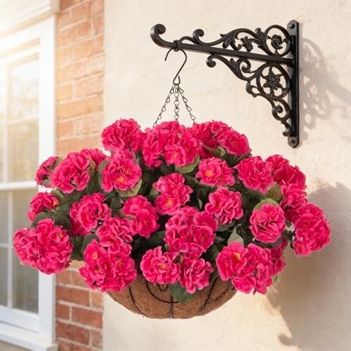 INSPRING Geraniums Artificial Flowers Hanging Basket for Outdoors Outside Decoration, 8 Bundles Silk Flowers Fake Plants Look Real UV Resistant for Porch Home Patio Balcony Yard, Hotpink - Image 2