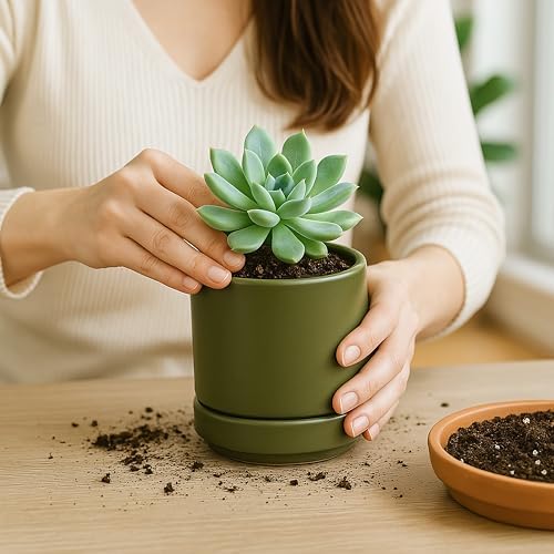 D'vine Dev 4-Pack Ceramic Pots with Saucers, Olive, 4.7 in, 94-X-B-0 - Image 2