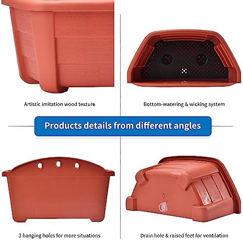 ORIMERC 9.8 inch 8 Pack Brick Red Wall Hanging Planters for Indoor Outdoor Plants Hanging Plant Holder with Drainage Hole Fence Balcony Planters Railing Hanging Pot Plant Wall Mount Decor with Hooks - Image 3