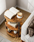 Small Round Side Table - 3-Tier Oval Accent Table for Small Spaces, Rustic Wood and Metal Couch End Table, Nightstand for Bedroom or End Table Living Room, Set of 2, Rustic Brown - Image 4