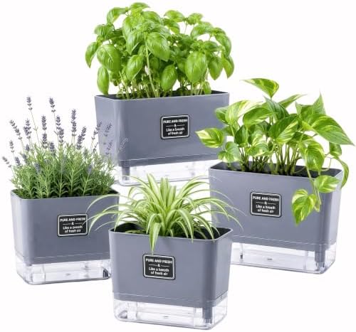 Self Watering Planters 4 Pack, 7 Inch Rectangle Plant Pots with Visible Water Reservoir, Indoor Outdoor Herb Planter Boxes for Windowsill，African Violets，Succulents，Flowers，Kitchen，Office，Balcony Gray by FAMZ