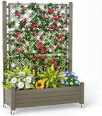 PatioZen Raised Garden Bed with Trellis, 21 Gallon Self Watering Planter Box with Lockable Wheels & Drainage Holes for Climbing Plants Vegetables Flowers, Anti-Rust Resin for Backyard Patio (Grey) by OutdoorLivingPerfected