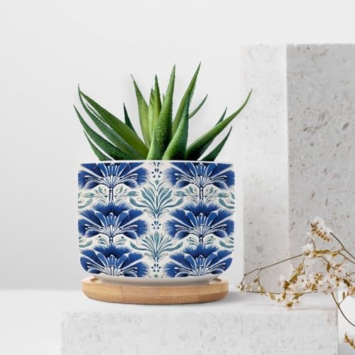Chinoiserie French Cairo Planter Ceramic Blue and White Floral Round Plant Pots with Drainage Holes and Bamboo Tray Pot for Pots Outdoor Indoor Plants - Image 7