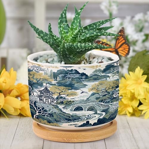 Trend Dragon and Print Planter Ceramic Chinoiserie Asian Inspired Round Plant Pot with Drainage Holes and Bamboo Tray Pot for Outdoor Garden Home Plant - Image 6