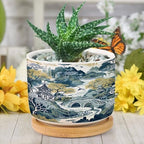 Trend Dragon and Print Planter Ceramic Chinoiserie Asian Inspired Round Plant Pot with Drainage Holes and Bamboo Tray Pot for Outdoor Garden Home Plant - Image 6