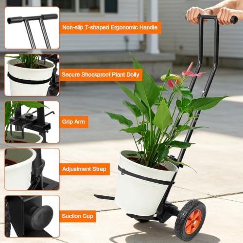 Plant Caddy with Wheels, Heavy Duty Plant Dolly Caddy Cart, 175LBS Plant Mover Cart with Adjustable Grabbing Arm, Strap, Suction Cups for Garden Courtyard Office Indoor Outdoor Pots Use, Black - Image 4