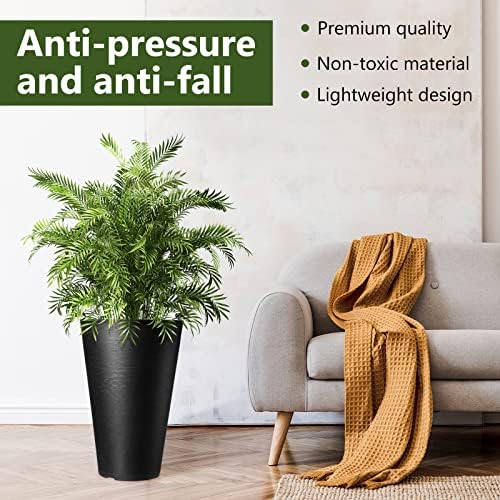 Sieral Set of 2 Tall Outdoor Planters 12 x 18 Inch Large Resin Outdoor Planters for Front Porch Flower Round Floor Decorative Indoor Pots with Drainage(Black) - Image 6