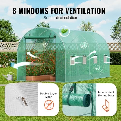 VEVOR Walk-in Tunnel Greenhouse, 14.6x6.4x6.3 ft Hoop House Greenhouse Tunnel, Plant Hot House with Galvanized Steel Frame, Green PE Cover, Roll-up Zipper Door and 8 Windows for Outdoor - Image 6