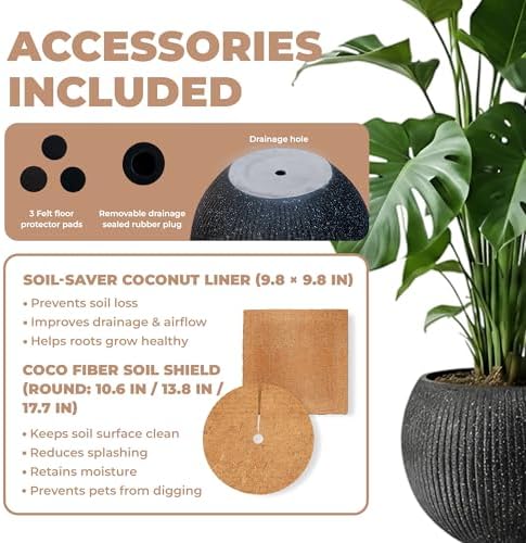 Marlo Fiberstone Round Planter, Ribbed Finishes (L, Black) - Image 6