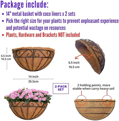 LaLaGreen Fence Wall Planter (14 in, 2 Pack) Black Coco Liner Baskets - Image 2