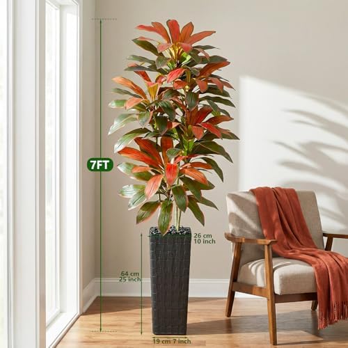 Artificial Red Dracaena Tree Indoor, 7FT Tall Fake Floor Plants with Black Planter & Pebbles, Faux Silk Yucca Tree for Home Office Living Room Bedroom Farmhouse Modern Outdoor Topiary Tree - Image 3
