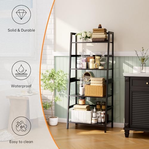 HITNET Ladder Shelf Black, 4-Tier Bookshelf, Freestanding Bathroom Storage Rack with Bamboo Frame, Plant Display Stand for Living Room, Kitchen, Home Office - Image 4