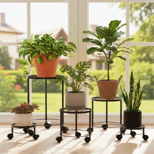 5 Pack Metal Plant Stand with Wheels for Indoor Outdoor Plants Rolling Plant Stands Flower Pot Stand on Wheels Heavy Duty Plants Pot Risers Decoration for Planter Supports Home(5 Sizes ) - Image 7