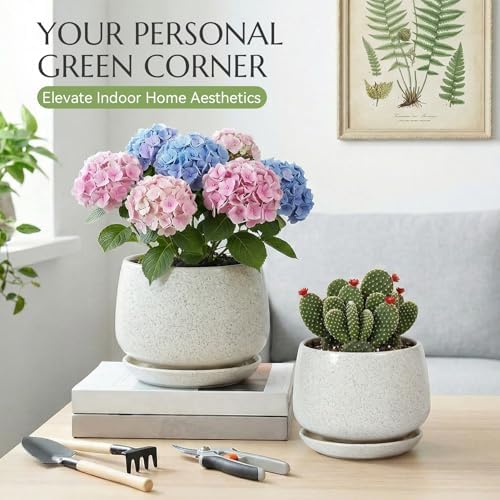 7.5 Inch Flower pots for Indoor Outdoor Plants with Saucer Drainage Leak-Proof Mesh, Ceramic Planter with Gardening Gloves for Succulent and Flower(Matte White) - Image 2