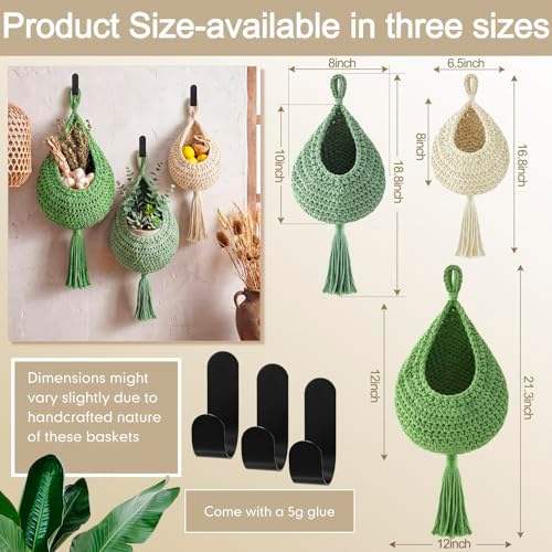 Honeydak 3 Hanging Baskets, Sage Color Palette, Tassel, Cotton Rope - Image 2