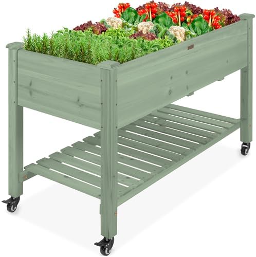 Best Choice Products Raised Garden Bed 48x24x32-inch Mobile Elevated Wood Planter w/Lockable Wheels, Storage Shelf, Protective Liner - Sage by BestChoiceProducts