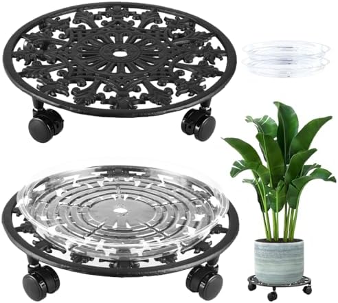 2 Pack Plant Caddy with Wheels, PlanterHoma 14 Inch Metal Plant Stand with Wheels Heavy Duty Wrought Iron Planter Dolly Rolling Stand Plant Roller with Casters for Indoor and Outdoor with 2 Pack Saucers by Planterhoma