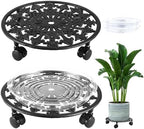 2 Pack Plant Caddy with Wheels, PlanterHoma 14 Inch Metal Plant Stand with Wheels Heavy Duty Wrought Iron Planter Dolly Rolling Stand Plant Roller with Casters for Indoor and Outdoor with 2 Pack Saucers by Planterhoma