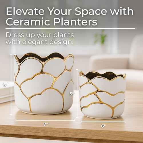 Set of 2 Plant Pots for Indoor Plants – Ceramic Planters with Gold Accents, Decorative Pots for Home Decor, Modern Indoor/Outdoor Ceramic Planter Set, Stylish Pot for Plants – 6/7", White - Image 2