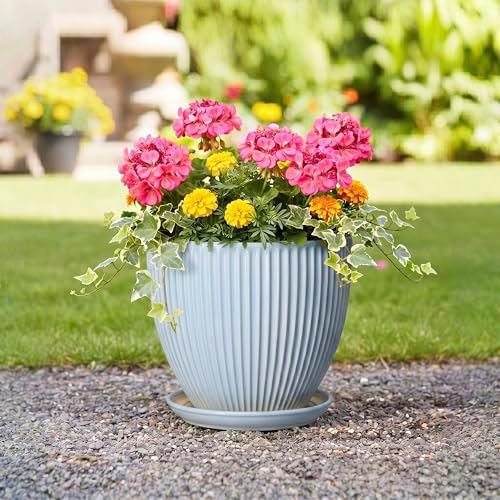 10 Inch Pots for Plants, Ceramic Plant Pots with Saucer, Light Blue - Image 5
